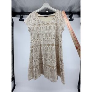 Socialite Cream Lace Mini Dress, Short Sleeve Scalloped Shift Bridal/Beach Large